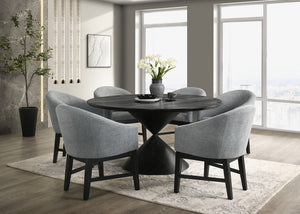English Elm Honorio Round Pedestal Dining Set Seats Six with Gray Barrel Chairs Modern Room B2749S00310