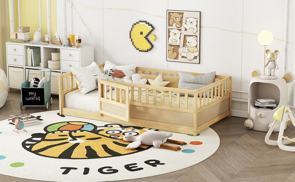 English Elm Twin Size Floor Bed With High Security Barrier & Child-Safe Door - Montessori Natural Wood Frame W1858P197426-GIGA