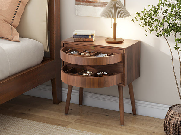English Elm Rotating Rattan Nightstand Push Open Hidden Storage Mid Century Wood Leg Bedside Walnut N761P288451N