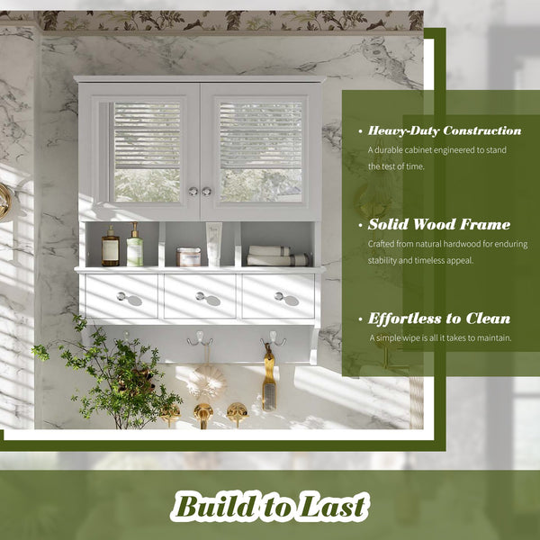 English Elm 4-in-1 Wall Mounted Bathroom Cabinet with Mirror Drawers and Towel Hooks Vanity White N710P405416K