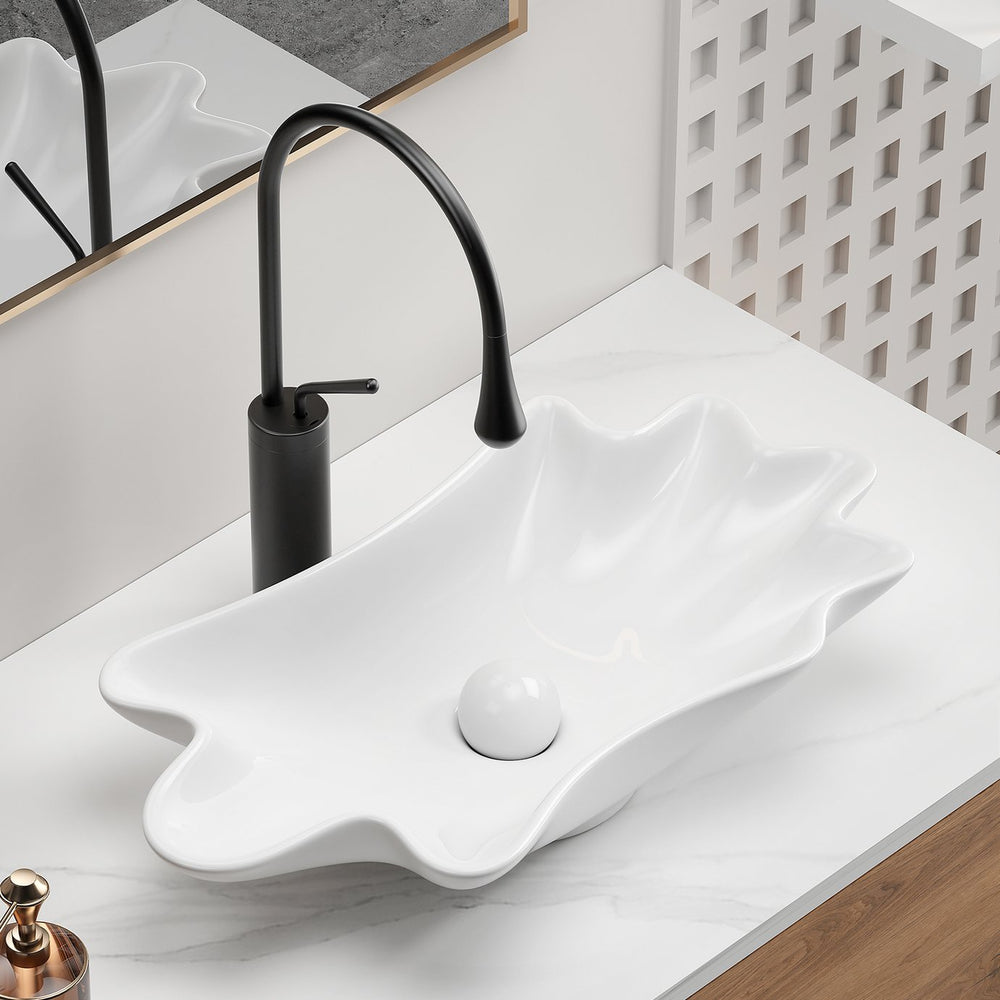 English Elm Bathroom Seashell Ceramic Vessel Sink Above Counter Glossy White Sculptural Basin W3402P350144