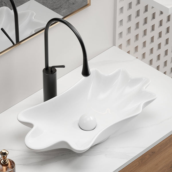 English Elm Bathroom Seashell Ceramic Vessel Sink Above Counter Glossy White Sculptural Basin W3402P350144