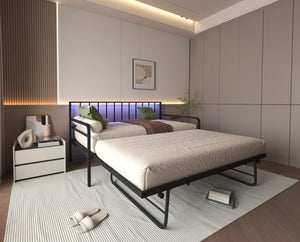 English Elm Twin Daybed with Drawers and USB Charging Station, Metal Frame, Upholstered Headboard, LED Mood Lighting Black W2129P244576