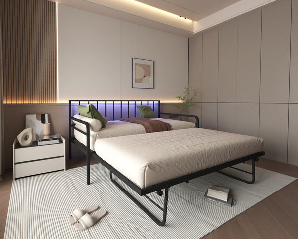 English Elm Twin Daybed with Drawers and USB Charging Station, Metal Frame, Upholstered Headboard, LED Mood Lighting Black W2129P244576