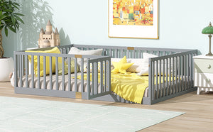 English Elm Twin Floor Bed Solid Rubber Wood with Tall Safety Railings for Toddler Sleep Grey W504P287657