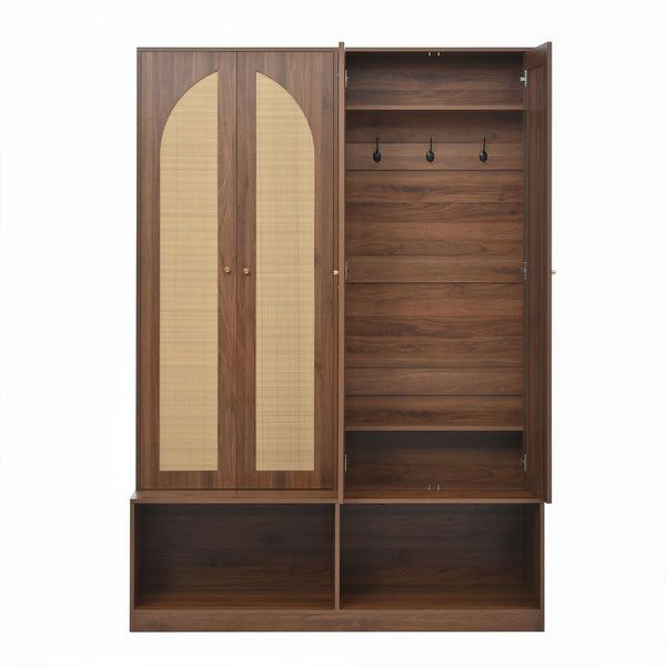 English Elm Rattan Door Hall Tree Bench with 6 Hooks Farmhouse Entryway Storage N721S000074D