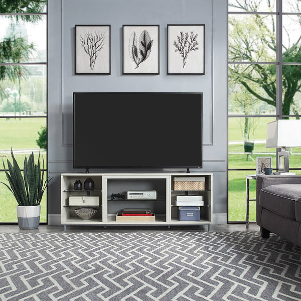 English Elm Brighton 60" TV Stand with 7 Shelves & Tempered Glass Dividers, Cable Management, Sleek Design Beige B365P398325