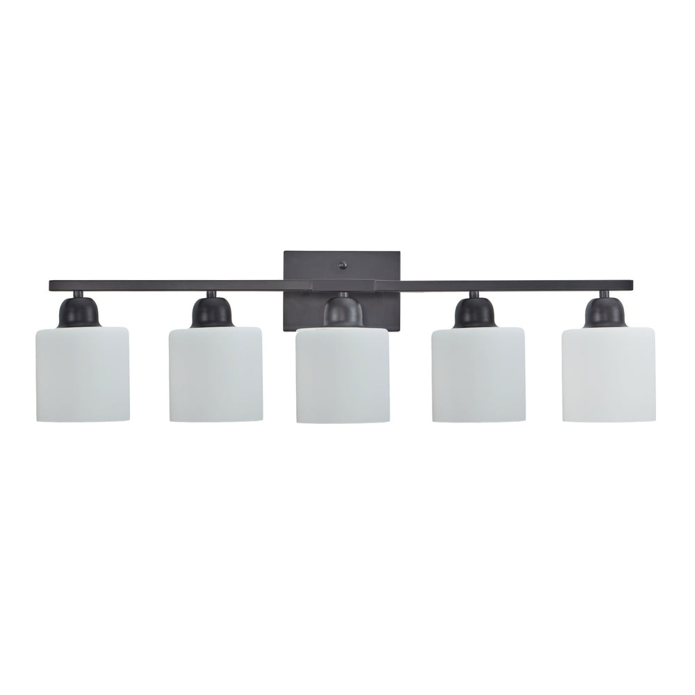 English Elm Black 5-Light Modern Vanity Light Fixture For Bathroom, Stylish Wall Sconces With Frosted Glass Shades W2312P374847