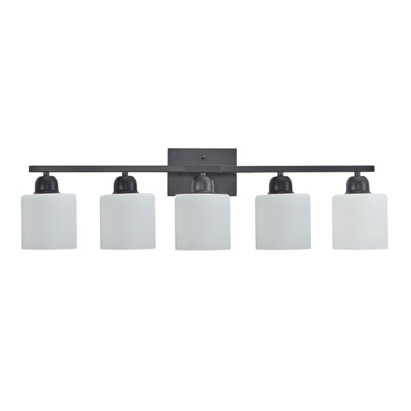 English Elm Black 5-Light Modern Vanity Light Fixture For Bathroom, Stylish Wall Sconces With Frosted Glass Shades W2312P374847