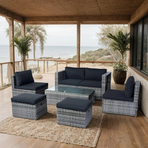 English Elm 6 Piece Patio Wicker Sectional Set with Space-Saving Nesting Design, Steel Frame, Tempered Glass Table and Weatherproof Cushions Grey+Black W329S00054