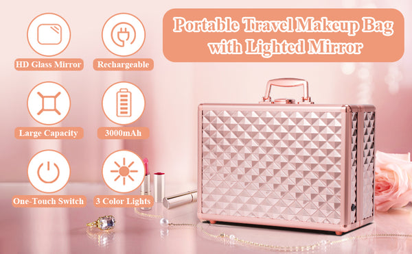 English Elm Portable Led Vanity Makeup Case Aluminum Travel Organizer with Mirror Lock Dividers W1550P163304