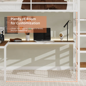 English Elm Loft loft bed with L-shaped desk, built-in storage stairs, 360° guardrail, sturdy iron frame for small rooms White W1935S00004