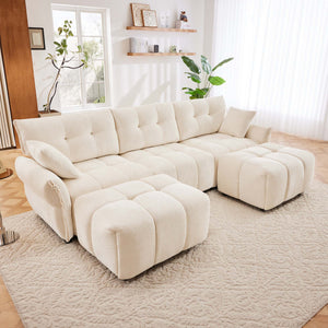 English Elm 3 Seater Chenille Sofa with Ottoman Tufted Arms Solid Wood Frame Lounge Couch White W714S01654