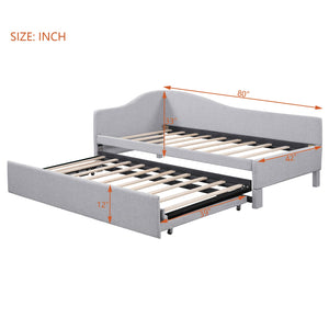 English Elm Twin L-shaped Linen Upholstered Daybed with Hydraulic Pop-up Trundle for Guest Rooms Gray SF000193AAE-1