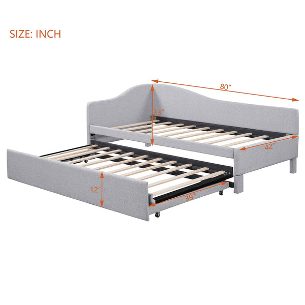 English Elm Twin L-shaped Linen Upholstered Daybed with Hydraulic Pop-up Trundle for Guest Rooms Gray SF000193AAE-1