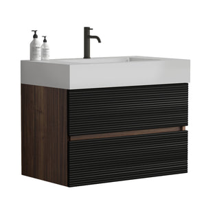 English Elm 30' Mid-Century Wall-Mounted Vanity with Oak-Tone Walnut Finish, Extra Storage & Soft-Close Drawers Black,Glossy White W1865S00171