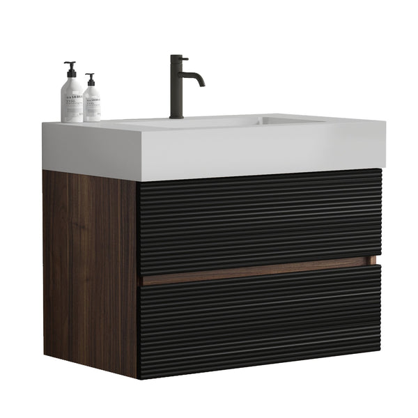 English Elm 30' Mid-Century Wall-Mounted Vanity with Oak-Tone Walnut Finish, Extra Storage & Soft-Close Drawers Black,Glossy White W1865S00171