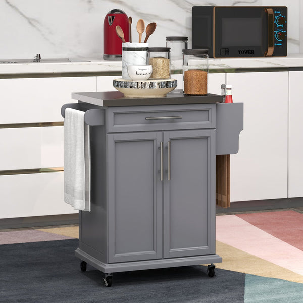 English Elm Homcom Rolling Kitchen Island Cart With Stainless Steel Top, Drawer, Spice Rack & Towel Holder, Gray W2225P200726