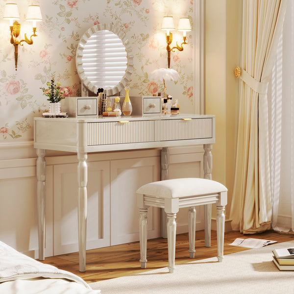 English Elm Luxury Vanity Desk with Sunflower Mirror, Height-Adjustable Makeup Table, 4 Drawers & Stool for Organized Glam Champagne N844P262897C