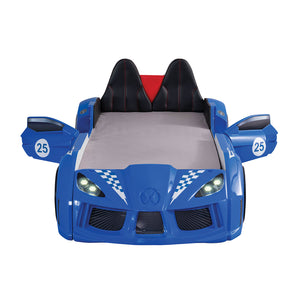English Elm Modern Race Car Twin Bed with Led Lights Magnetic Doors and Leatherette Upholstery Blue B2741S00912