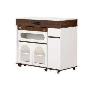 English Elm Trexm Rolling Kitchen Island Extendable Marble Top Cabinet Drawers Power Outlet Creamy White,Walnut XW000029AAD