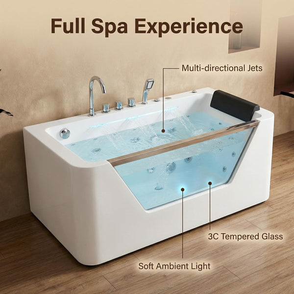 English Elm 67" Whirlpool Soaking Tub with Tempered Glass Apron Chromatherapy Jets Acrylic Spa W3605P400539