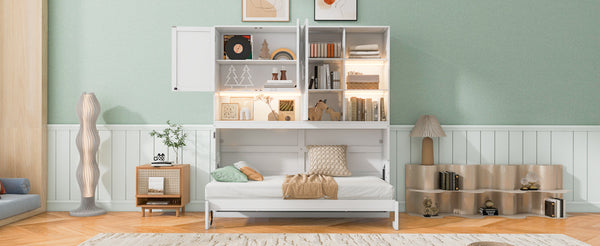 English Elm Twin Murphy Bed with Cabinet Shelves Built in Lighting Usb Ports Space Saving Wall Unit White LP000389AAK-1