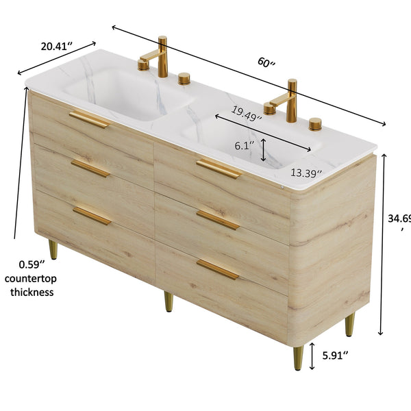 English Elm AMARA 60" Bathroom Vanity with Integrated Sintered Stone Basin, Preassembled Plywood Cabinet with Motion-Activated Light and Soft-Close Drawers Carrara White,White Oak W2615P346338