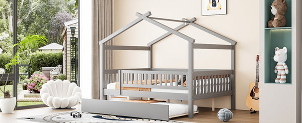 English Elm Full Size Pine House Bed with Roofline Frame and Roll Out Twin Trundle for Kids Gray LP100306AAE