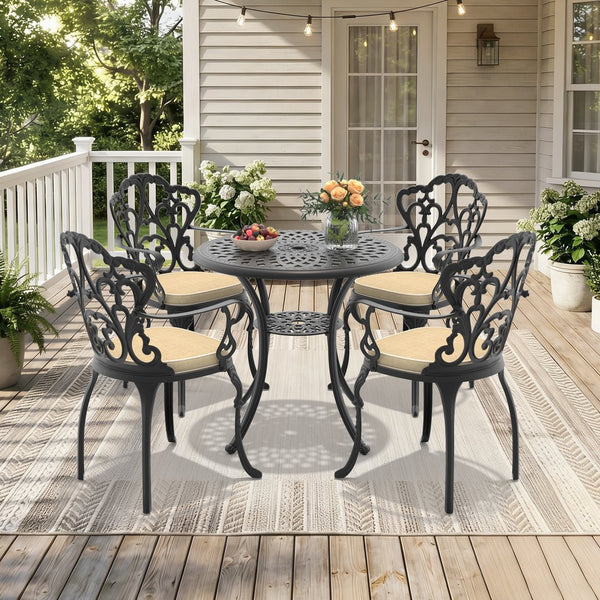 English Elm 5-piece Cast Aluminum Outdoor Dining Set with Ornate Relief Frames and Weather Resistant Cushions W1710S00540