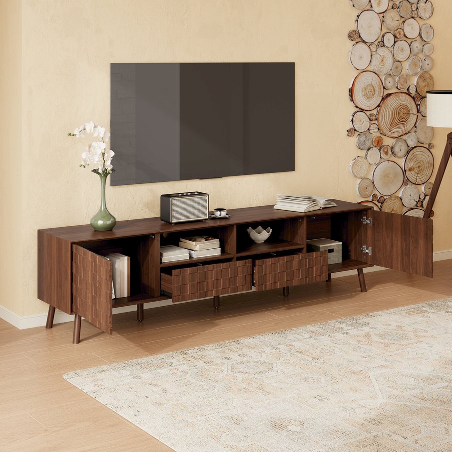 English Elm 78 Inch Walnut Entertainment Center Fluted Doors Solid Wood Legs for Living Room N710P372591P