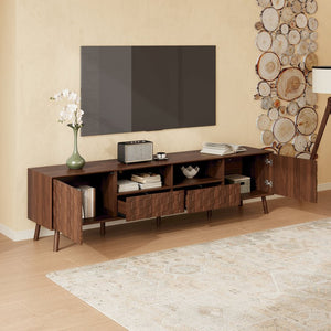 English Elm 78 Inch Walnut Entertainment Center Fluted Doors Solid Wood Legs for Living Room N710P372591P