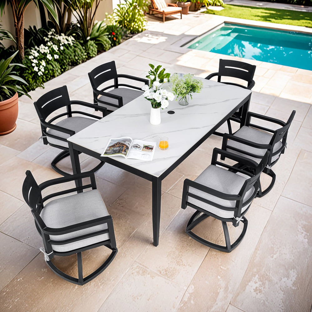 English Elm Modern Outdoor Sintered Stone Dining Set for Six with Swivel Rockers Sunbrella Cushions W1886S00020
