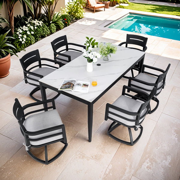 English Elm Modern Outdoor Sintered Stone Dining Set for Six with Swivel Rockers Sunbrella Cushions W1886S00020