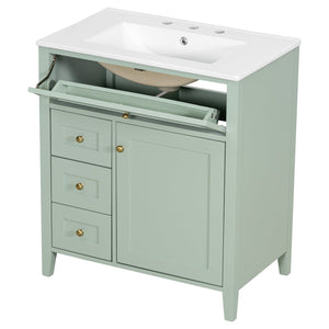English Elm 30-Inch Contemporary Bathroom Vanity with Sink, MDF & Rubberwood, Glossy Finish, 3 Drawers + Cabinet Green N725P350819F