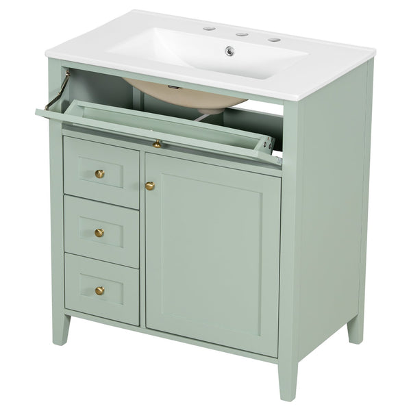 English Elm 30-Inch Contemporary Bathroom Vanity with Sink, MDF & Rubberwood, Glossy Finish, 3 Drawers + Cabinet Green N725P350819F
