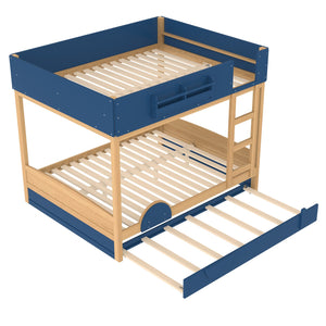 English Elm Queen Bunk Bed with Trundle Solid Pine Kids Car Themed Frame Built-in Bookshelf Blue,Natural W1580S00447