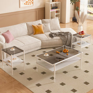 English Elm Coffee Table Set Of 3 With Gray Tempered Glass & Mdf Shelf - Modern Living Room End Tables W241S00041