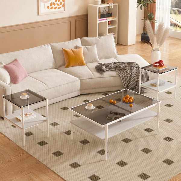 English Elm Coffee Table Set Of 3 With Gray Tempered Glass & Mdf Shelf - Modern Living Room End Tables W241S00041
