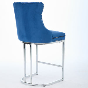 English Elm 25" High Back Velvet Counter Stools Set of 2 with Deep Button Tufting, Spring-Cushion Comfort & Chrome Base Blue W1143P217852