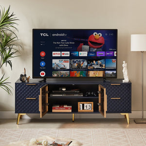 English Elm Deluxe Sculpted Geometric TV Cabinet with Tempered Glass Doors, 4 Drawers, Adjustable Metal Feet, Modern Chic Design Dark Blue W1162P294820