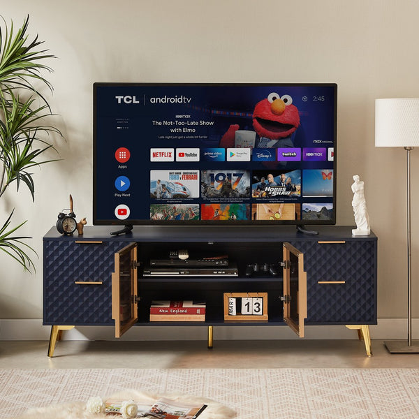 English Elm Deluxe Sculpted Geometric TV Cabinet with Tempered Glass Doors, 4 Drawers, Adjustable Metal Feet, Modern Chic Design Dark Blue W1162P294820