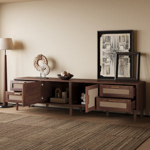 English Elm 78 Inch Rattan Media Console with Pine Legs Four Drawers Modern Living Room Tv Stand N710P365048P