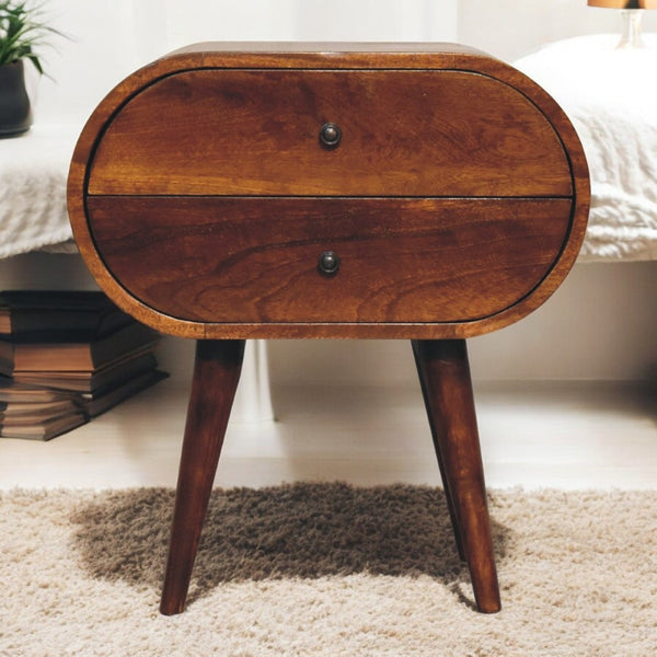 English Elm Solid Mango Wood Chestnut Circular Bedside Table With 2 Drawers & Nordic Legs For Elegant Storage B182P234144-GIGA
