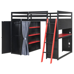 English Elm Full Size Wood Loft Bed with Wardrobe Desk Shelves Rgb Lighting and Blackout Curtains Black+Red LT000269AAJ-1
