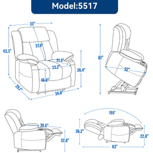 English Elm Up to 350 Lbs Chenille Power Lift Recliner with Massage Heat and Charging Ports W1803S00071