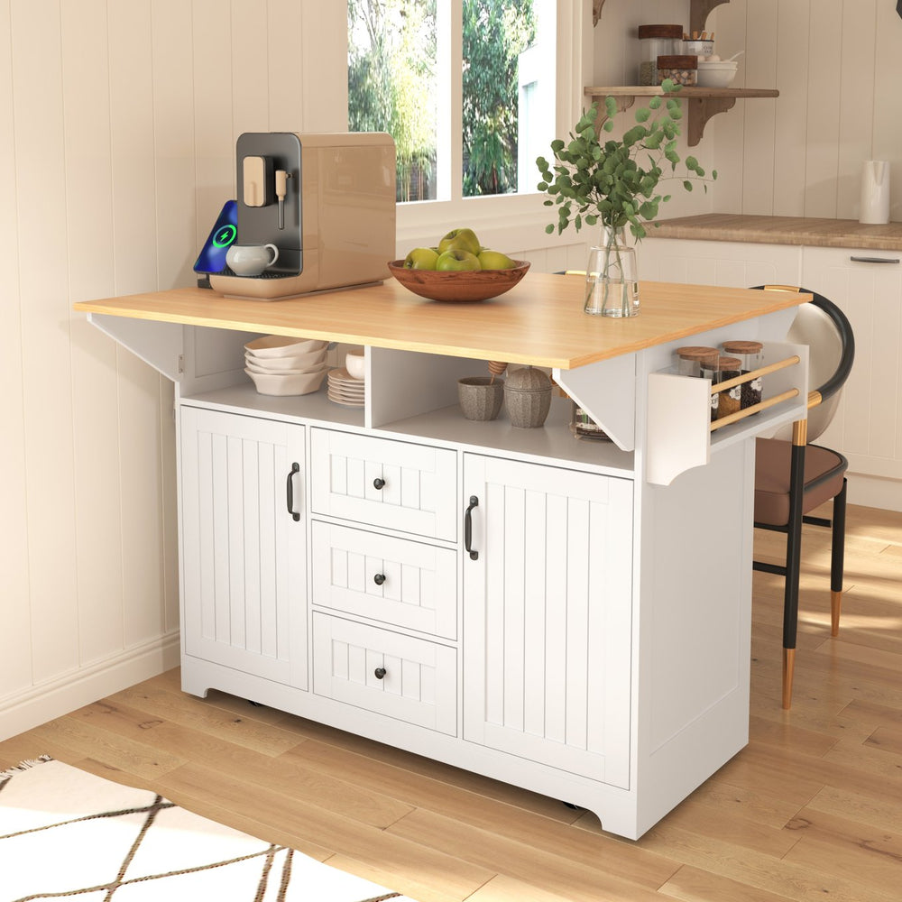 English Elm K&k Rolling Kitchen Island with Drop Leaves Power Outlet Drawers and Spice Rack White N707S186617W