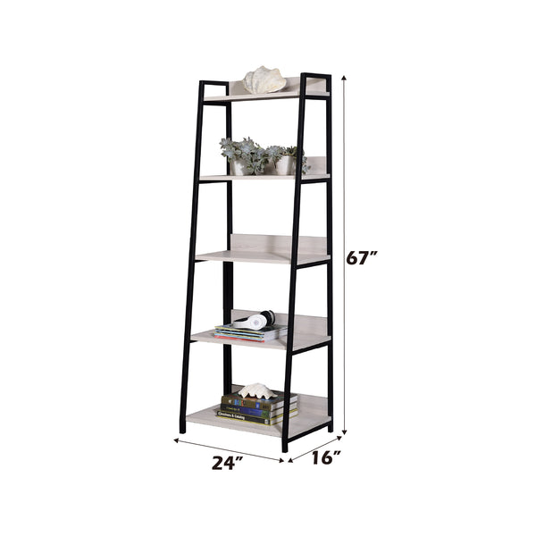 English Elm Wendral Leaning Ladder Bookshelf 24"W – 5 Open Wooden Shelves, Black Metal Frame, Natural Finish B2726P408076