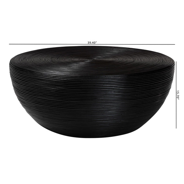 English Elm Laminated Rattan Round Coffee Table Handcrafted Drum Silhouette for Bohemian Living B2750P467865
