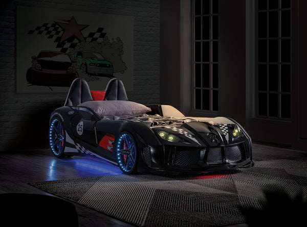 English Elm Modern Race Car Twin Bed with Led Lights Magnetic Doors and Leatherette Upholstery Black B2741S00910